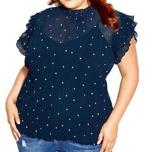 Navy Blue Polka Dot Ruffle Sleeve Blouse
